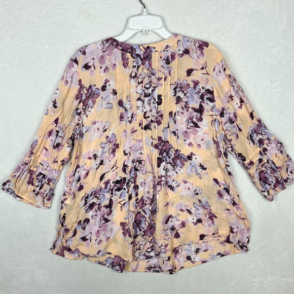 J Jill Pintucked Bell Sleeve Floral Blouse Womens 1X Purple Peach 3/4 Sleeve - Picture 6 of 10